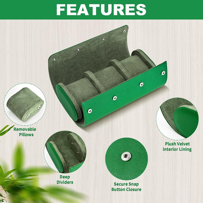 ROSELLE Watch Roll Travel Case for Men and Women- 3 Watch Storage and Organizer-Secure Storage with Innovative Removable Pillows & Solid Dividers for Home Storage, Travel and Display (Green Cross-3 Slot) - Image 2